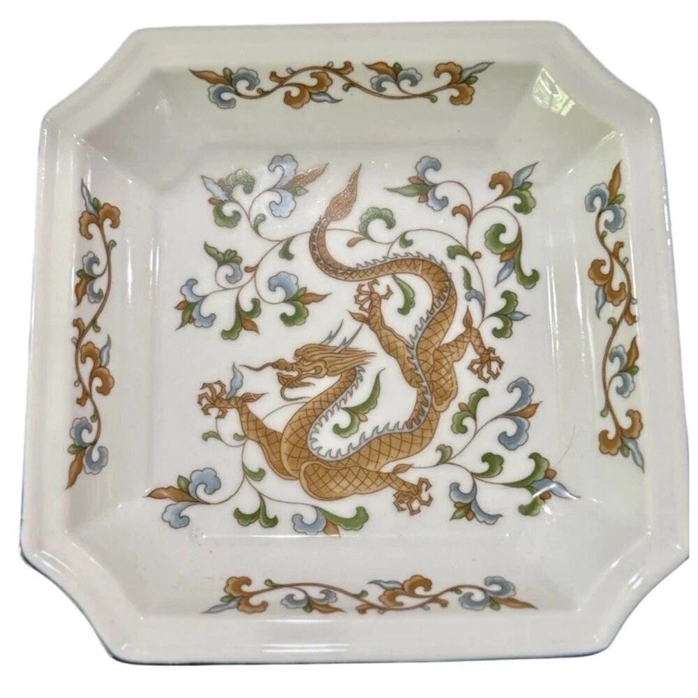 Japanese Dragon 8” Octagon Plate W Cobalt Trim Hand Painted VTG